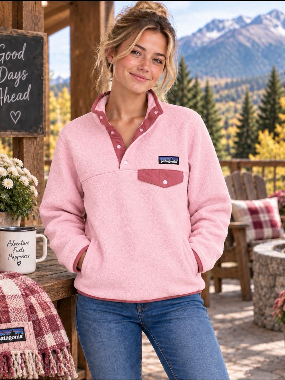 Patagonia Pink Snap-Button Fleece Pullover with Dusty Rose Accents